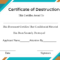 Free Printable Certificate Of Destruction Sample With Certificate Of Destruction Template