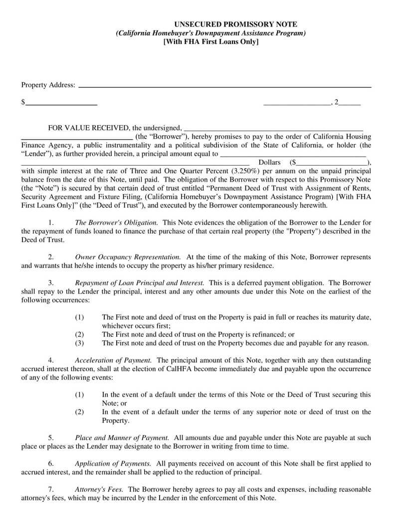 Free Printable Unsecured Promissory Note (20 Free Templates) Within California Promissory Note Template
