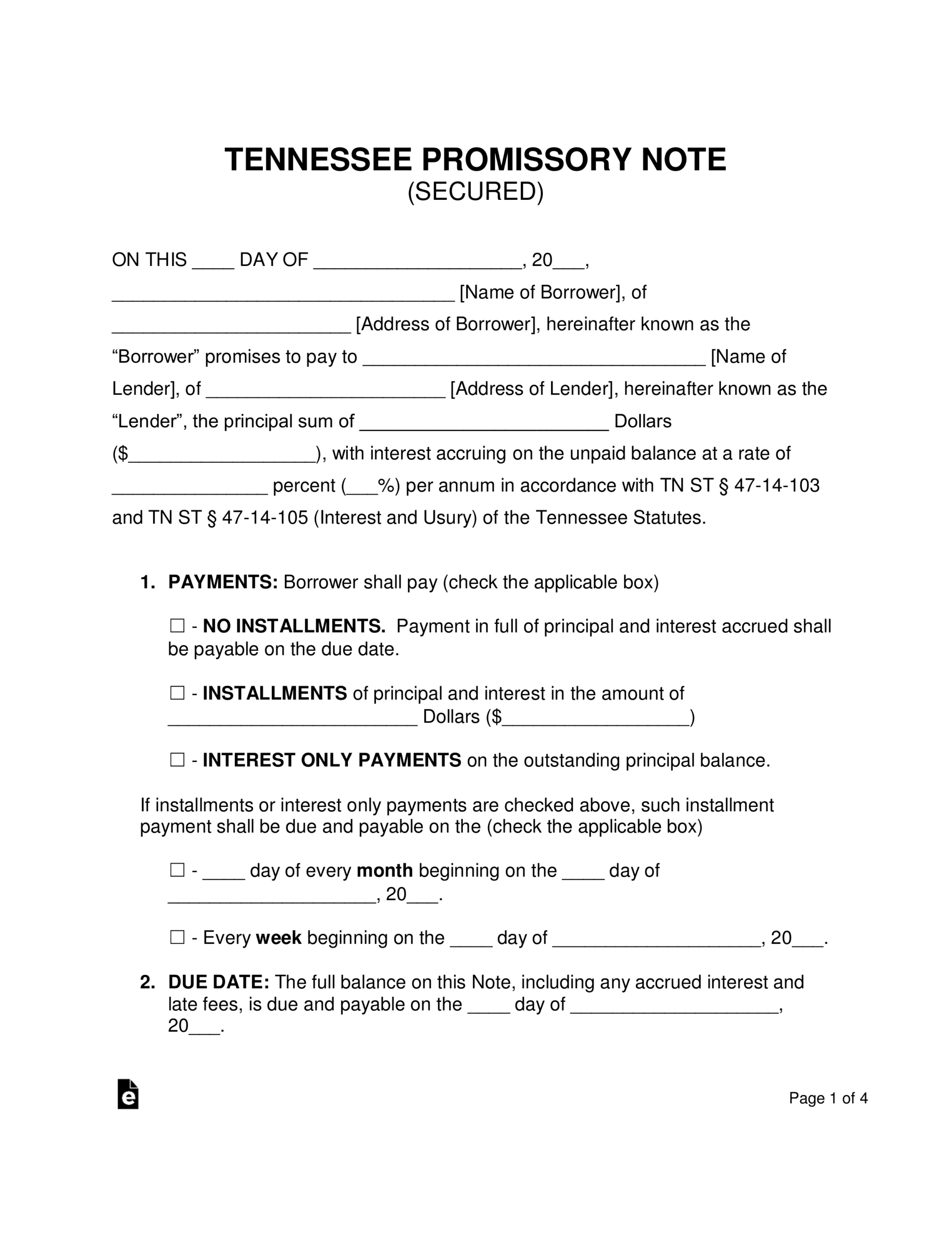 Free Tennessee Secured Promissory Note Template – Word | Pdf Within Auto Promissory Note Template