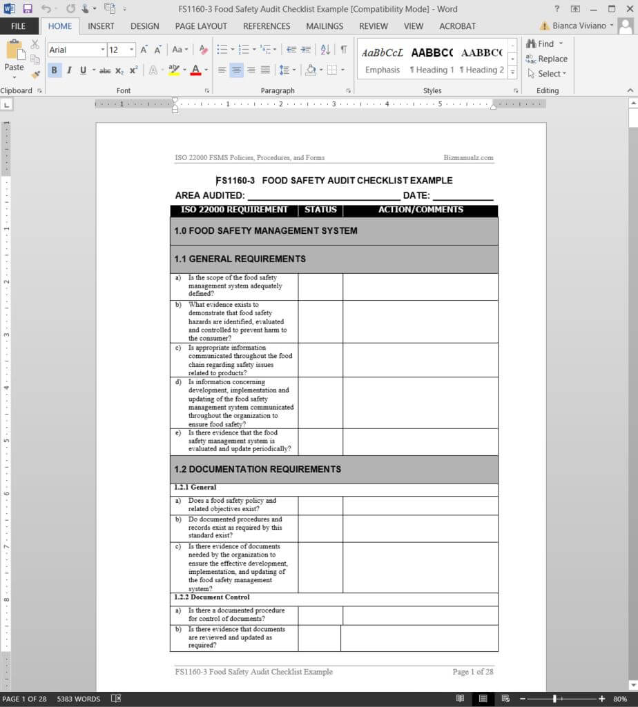 Fsms Food Safety Audit Checklist Template | Fds1160 3 Regarding Business Process Audit Template