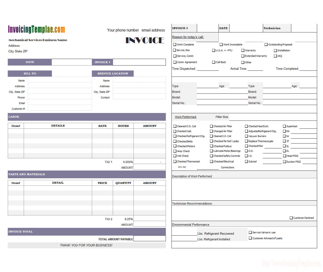 Hvac Service Invoice In Air Conditioning Invoice Template