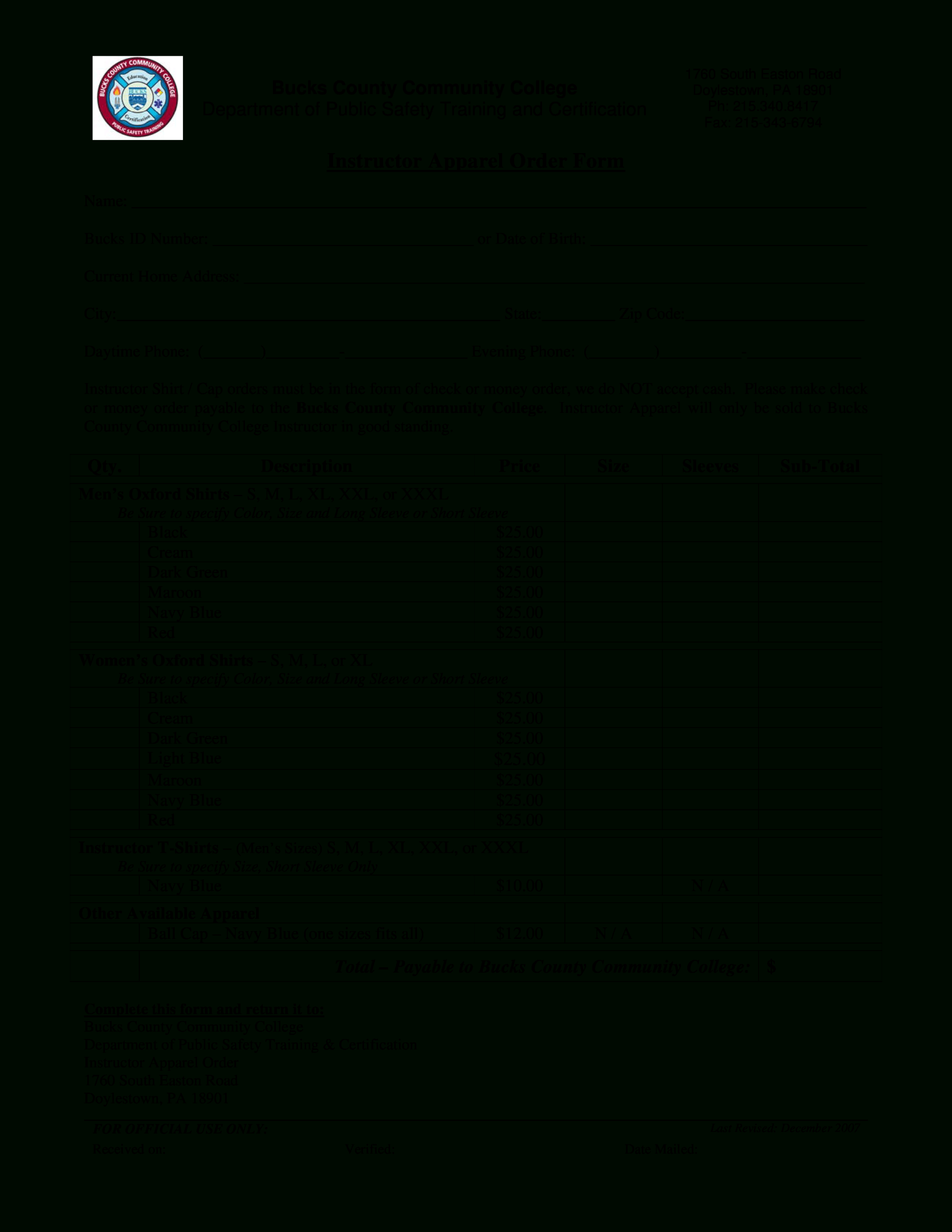 Instructor Apparel Order Form | Templates At With Apparel Order Form Template