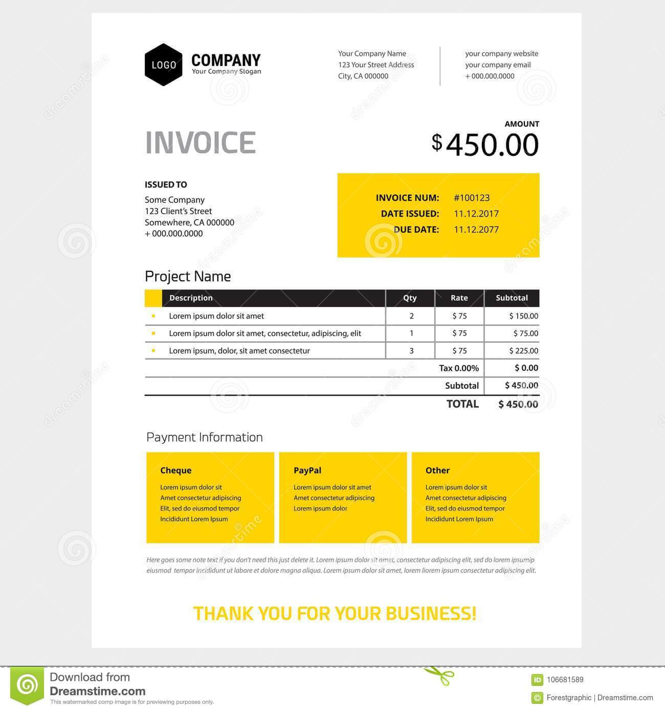 Invoice Form Design Template – Yellow And Black Color Stock For Black Invoice Template