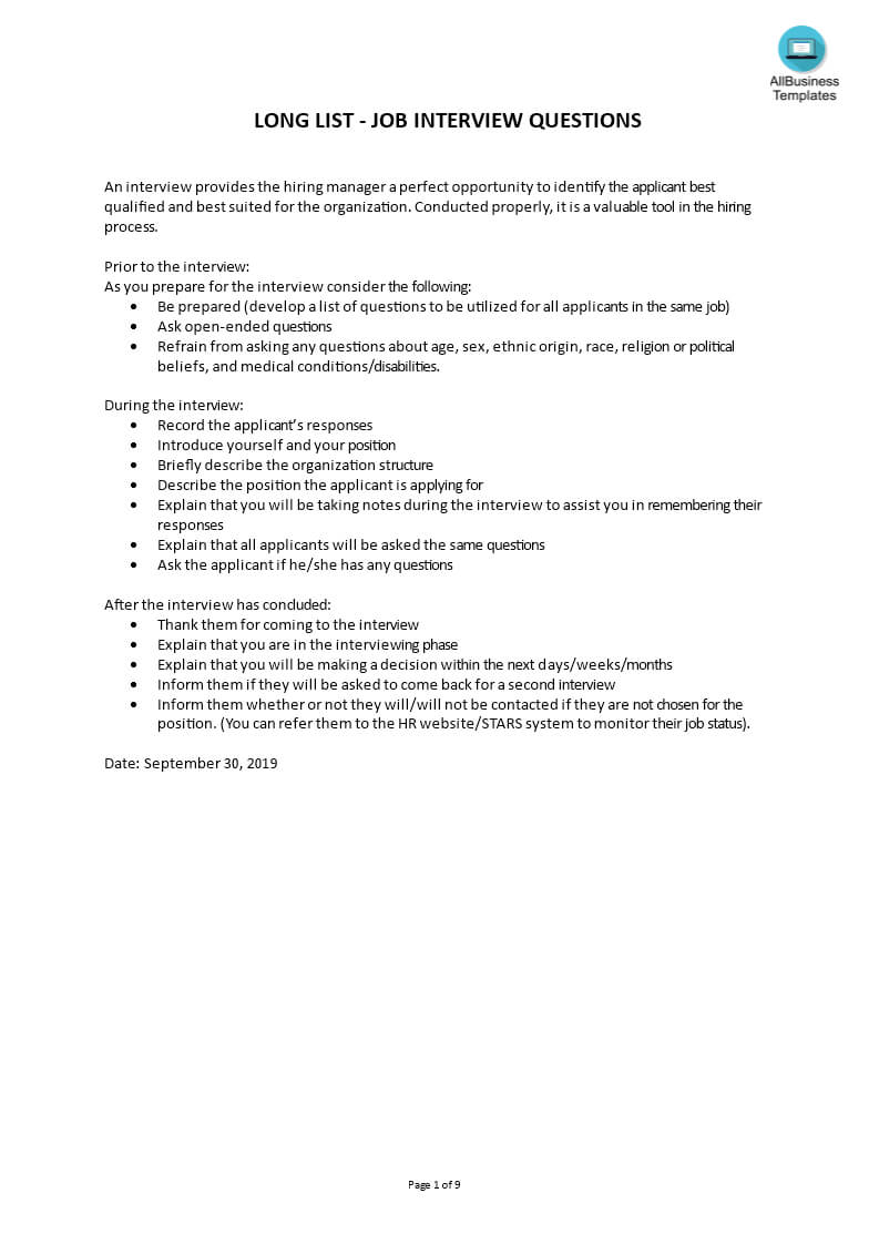 Job Interview Questionnaire | Templates At Inside Business Process Questionnaire Template