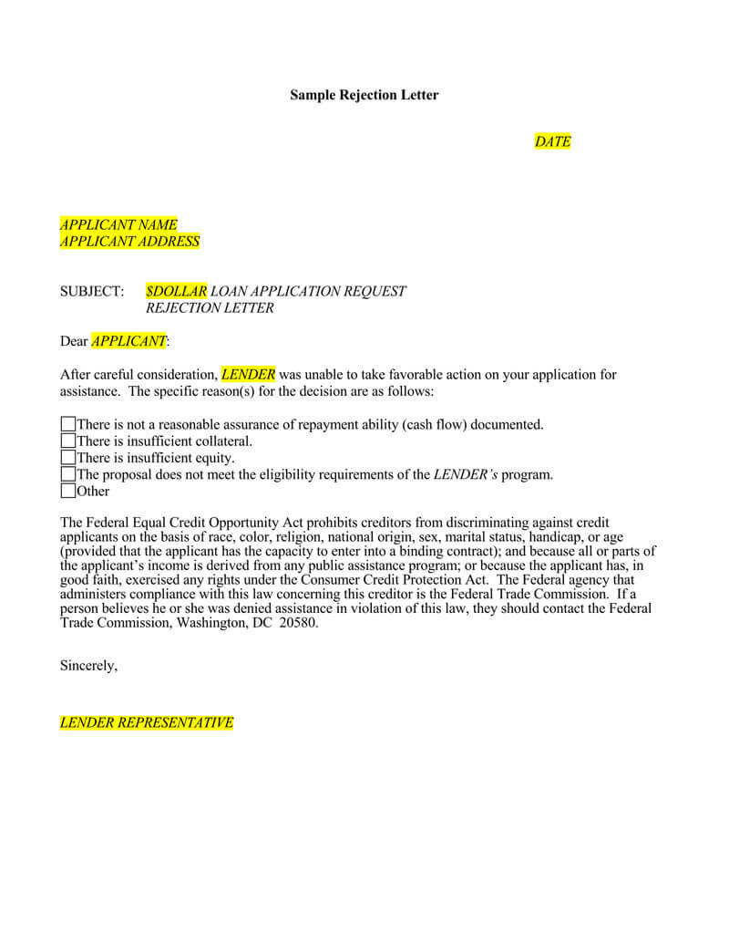 Loan Application Rejection Letter (15+ Sample Letters In Business Proposal For Bank Loan Template
