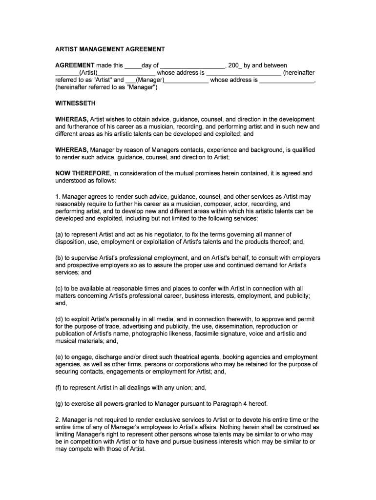 Management Contract For Artist - Fill Online, Printable Throughout Business Management Contract Template
