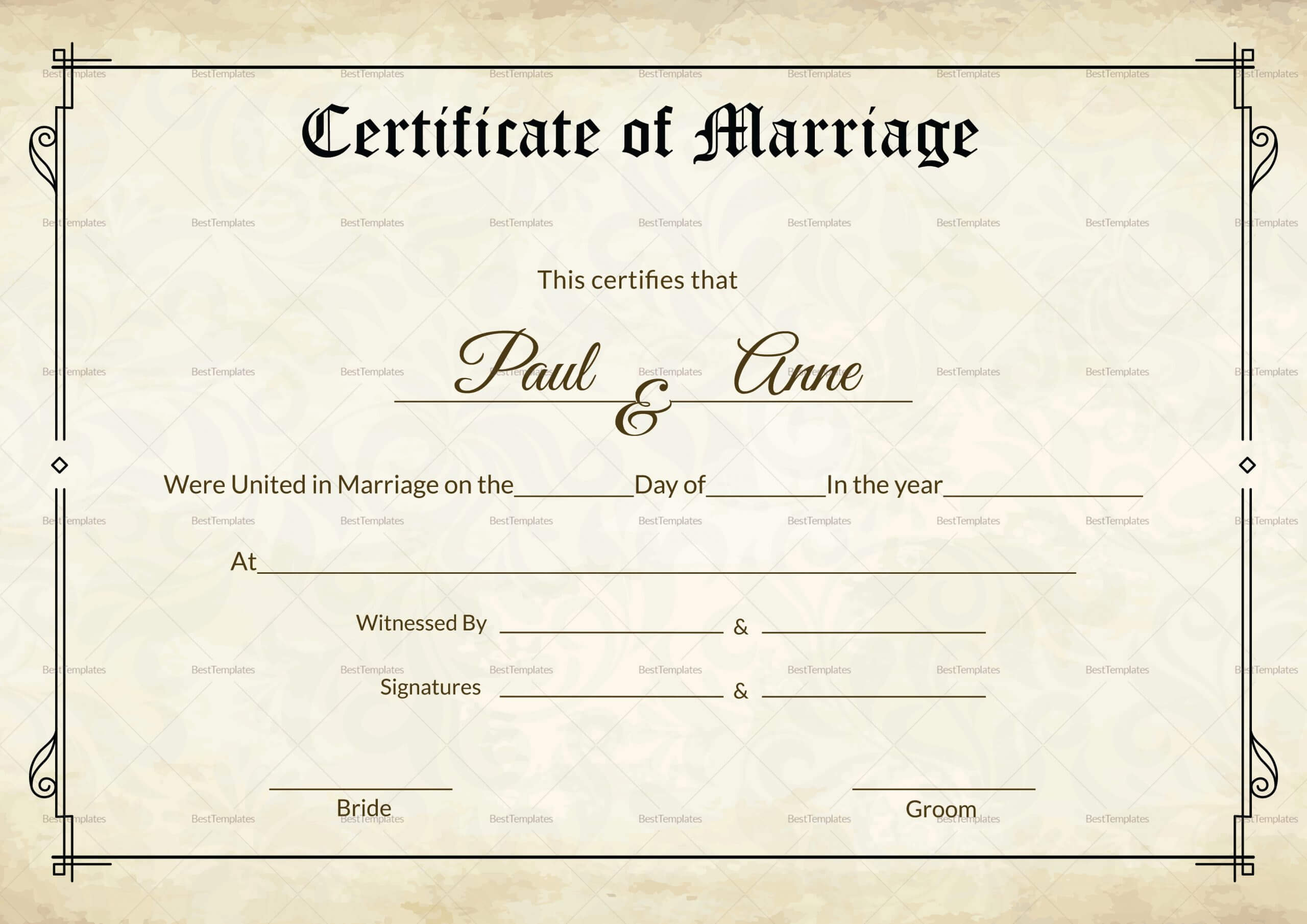 Marriage Certificate Template Keepsake Wedding Sample South Pertaining To Blank Marriage Certificate Template