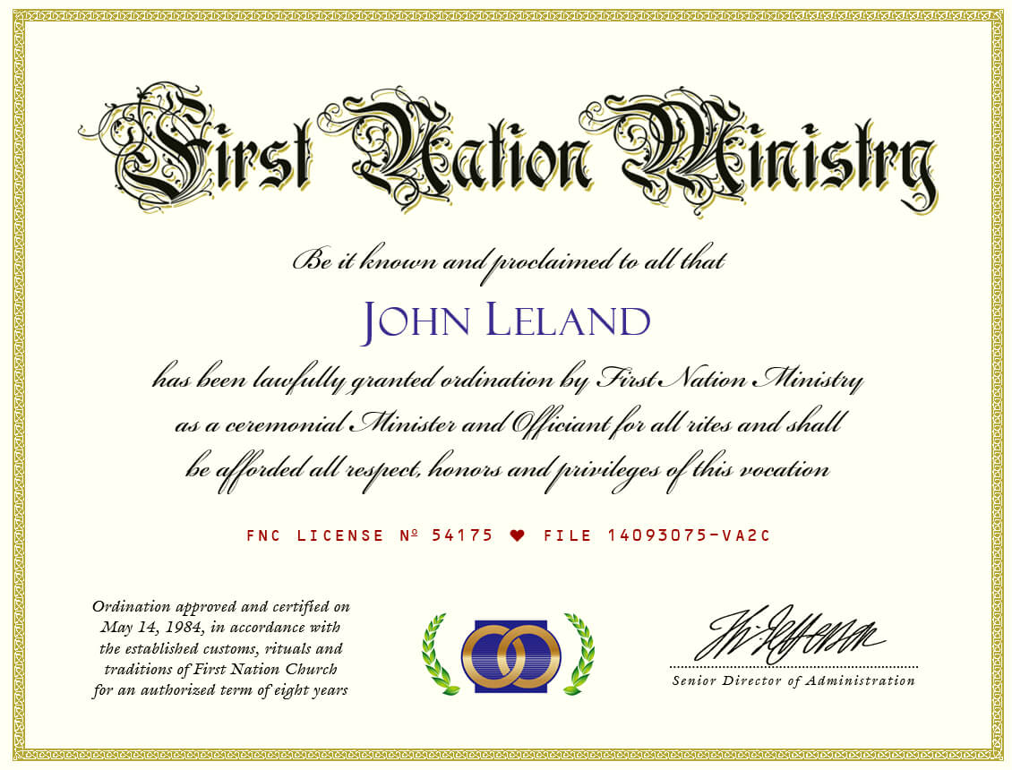 Marriage Officiant And Wedding Ceremony Minister Ordination For Certificate Of Ordination Template