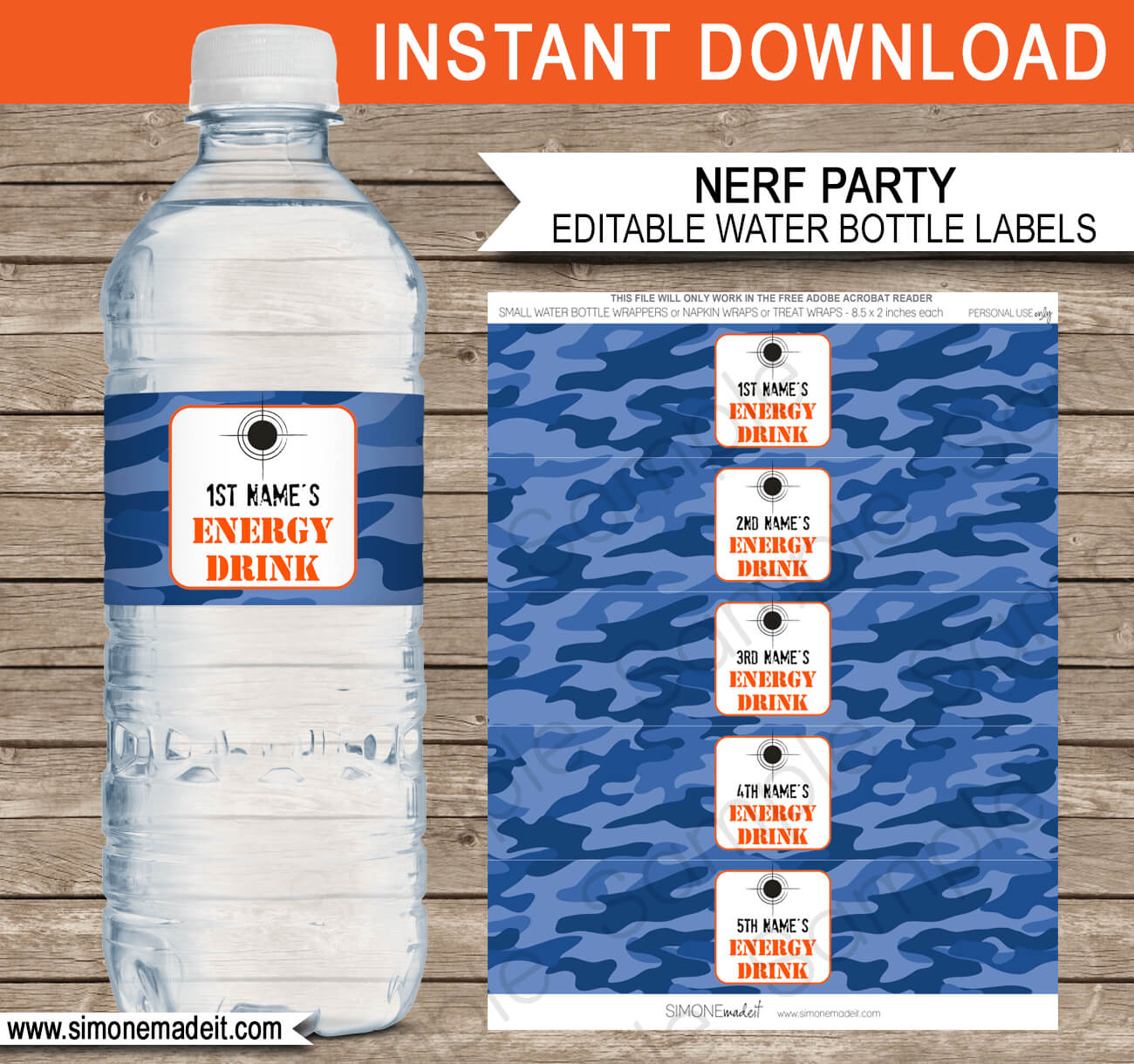 Nerf Party Water Bottle Labels Template – Blue Camo With Birthday Water Bottle Labels Template Free