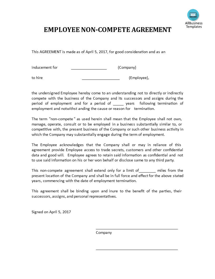 Not Compete Agreement Template | Templates At Throughout Business Templates Noncompete Agreement