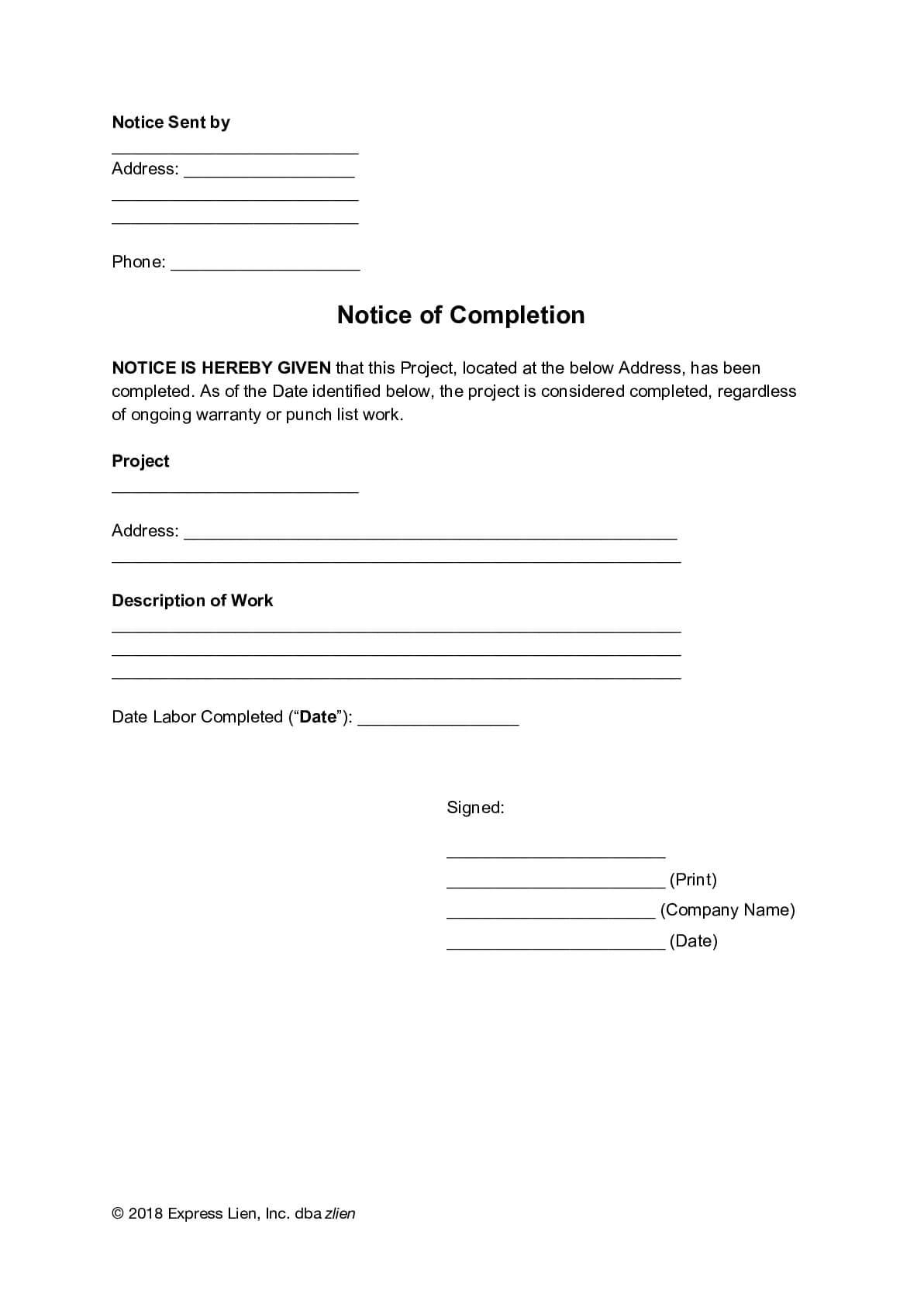 Notice Of Completion (General) Form | Free Template Throughout Certificate Of Substantial Completion Template