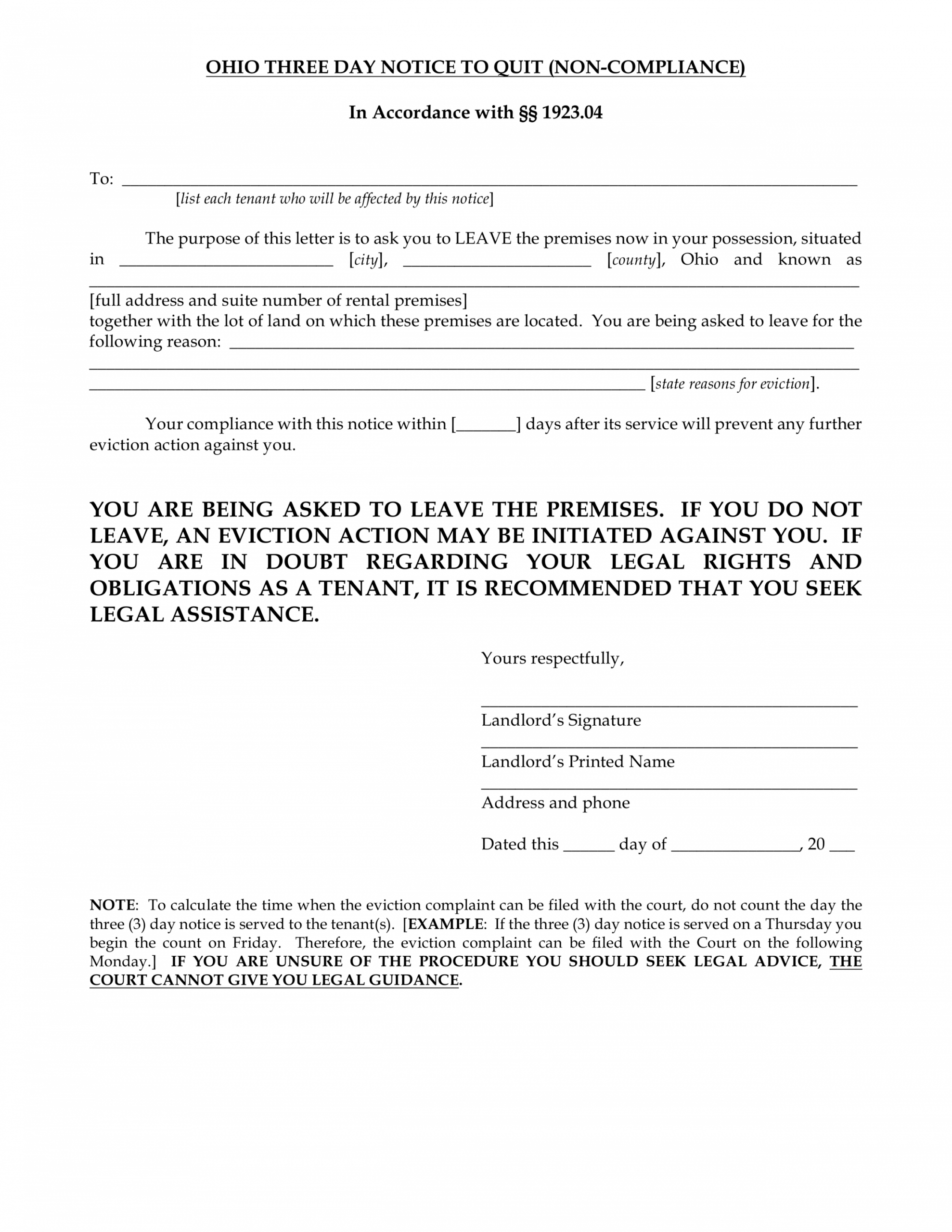 Ohio 3Day Notice To Quit Form Noncompliance Eforms Ohio Pertaining To 3 Day Eviction Notice Template