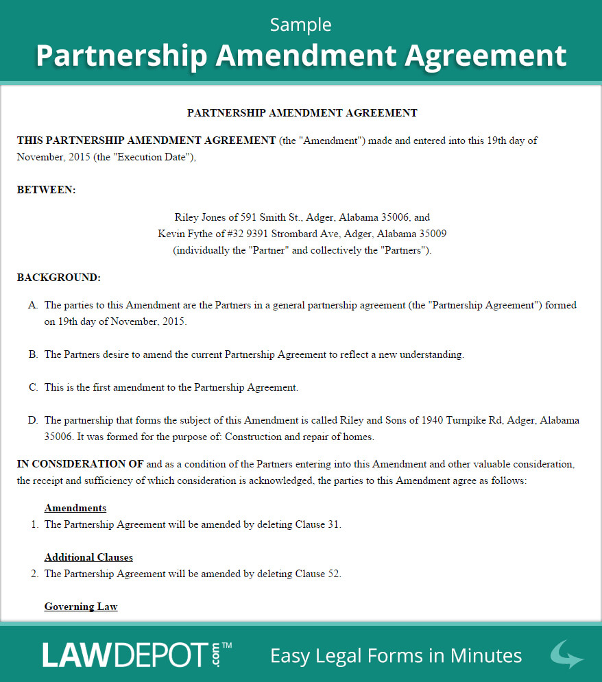 Partnership Amendment Form (Us) | Lawdepot Intended For Business Contract Template For Partnership