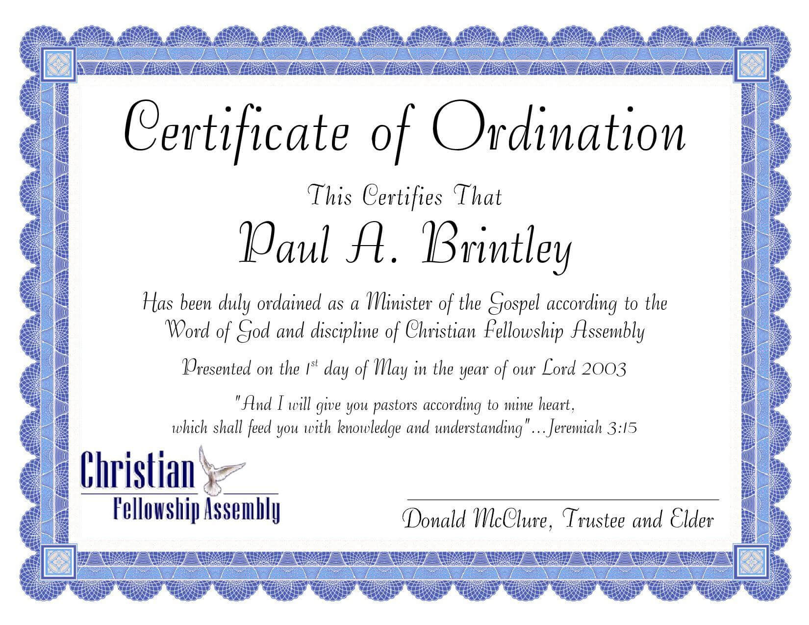 Pastoral Ordination Certificatepatricia Clay – Issuu Inside Certificate Of Ordination Template