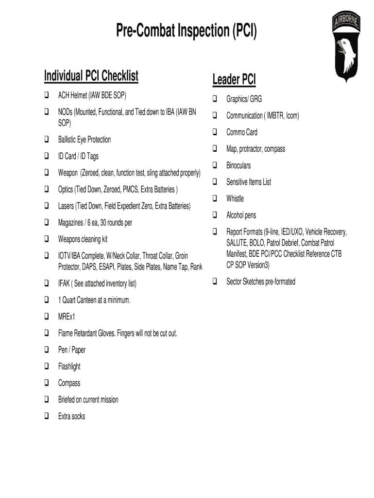Pcc Pci Checklist – Fill Online, Printable, Fillable, Blank Regarding Army Leaders Book Template