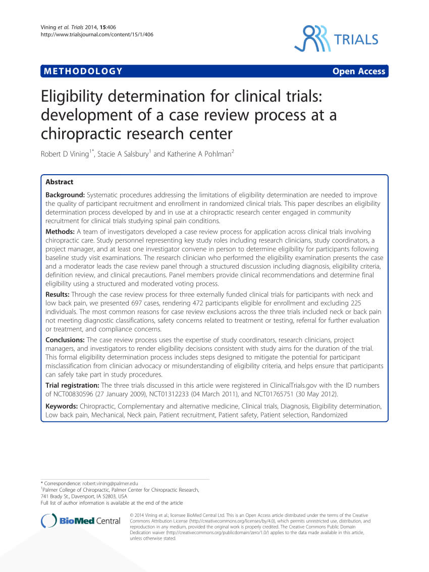 Pdf) Eligibility Determination For Clinical Trials Pertaining To Chiropractic Travel Card Template