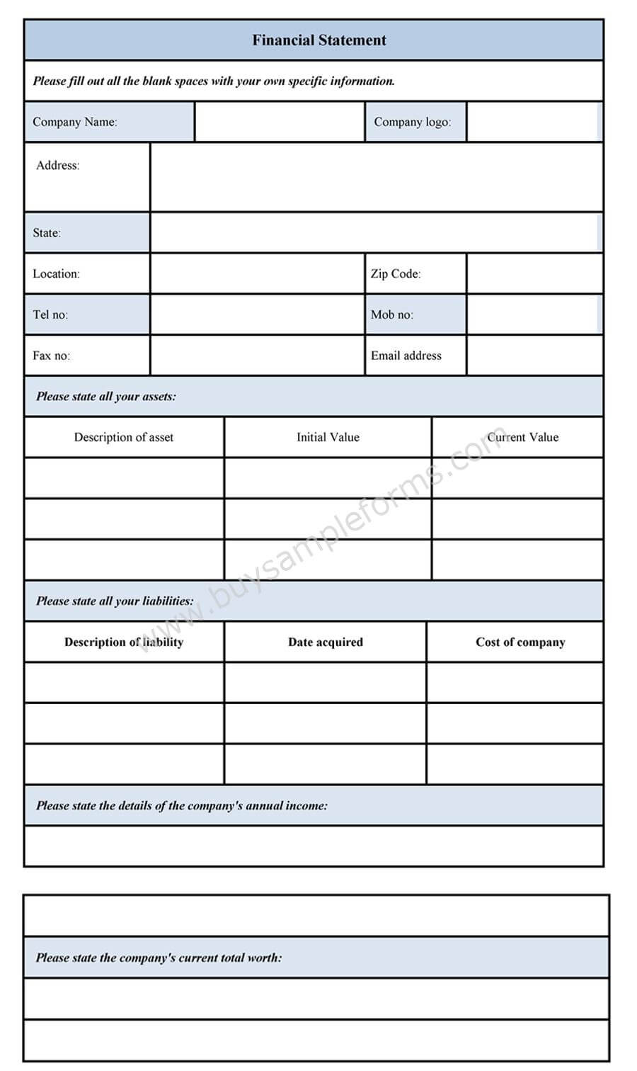 Personal Financial Statement Template Blank Form Sample Intended For Blank Personal Financial Statement Template