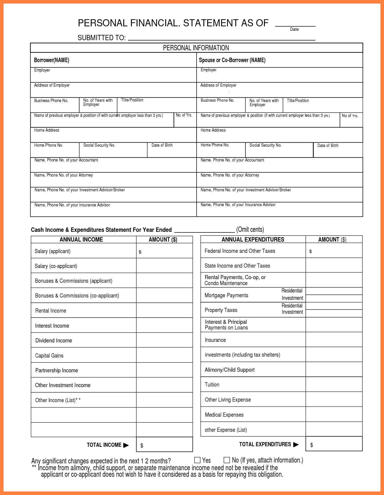 Personal Financial Statement Template Free Download In Blank Personal Financial Statement Template