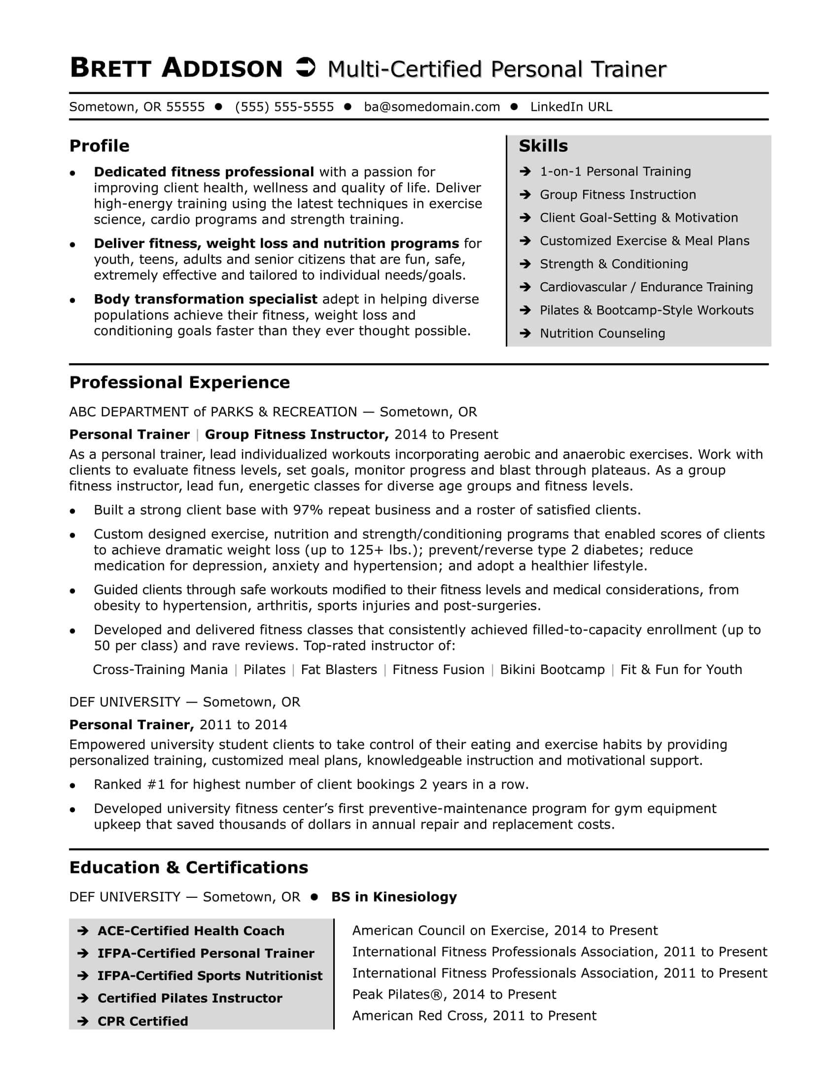 Personal Trainer Resume Sample | Monster Pertaining To Business Plan Template For A Gym