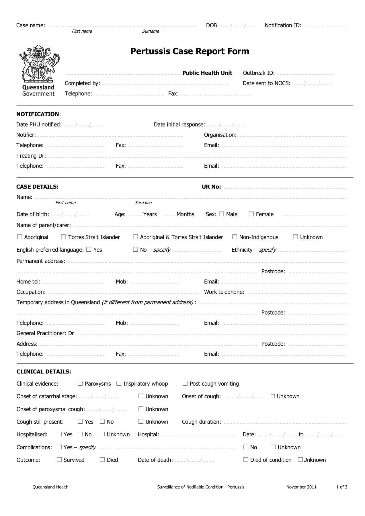 Pertussis Case Report Form – Queensland Health For Case Report Form Template Clinical Trials