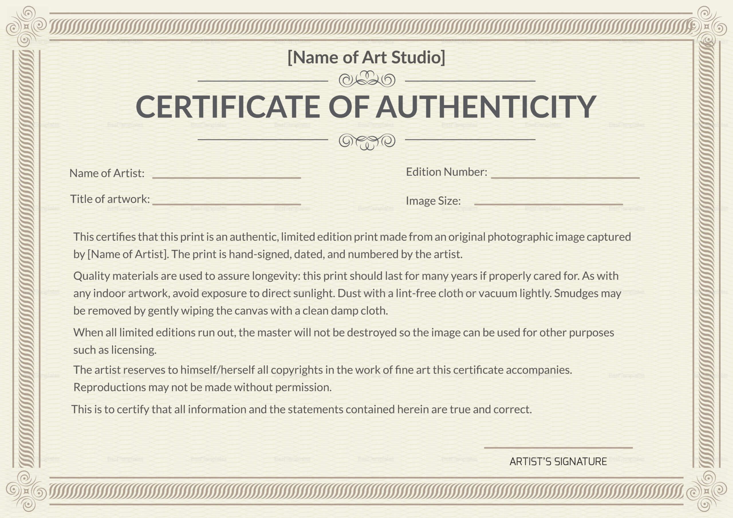 Printable Authenticity Certificate Template Within Certificate Of Authenticity Template