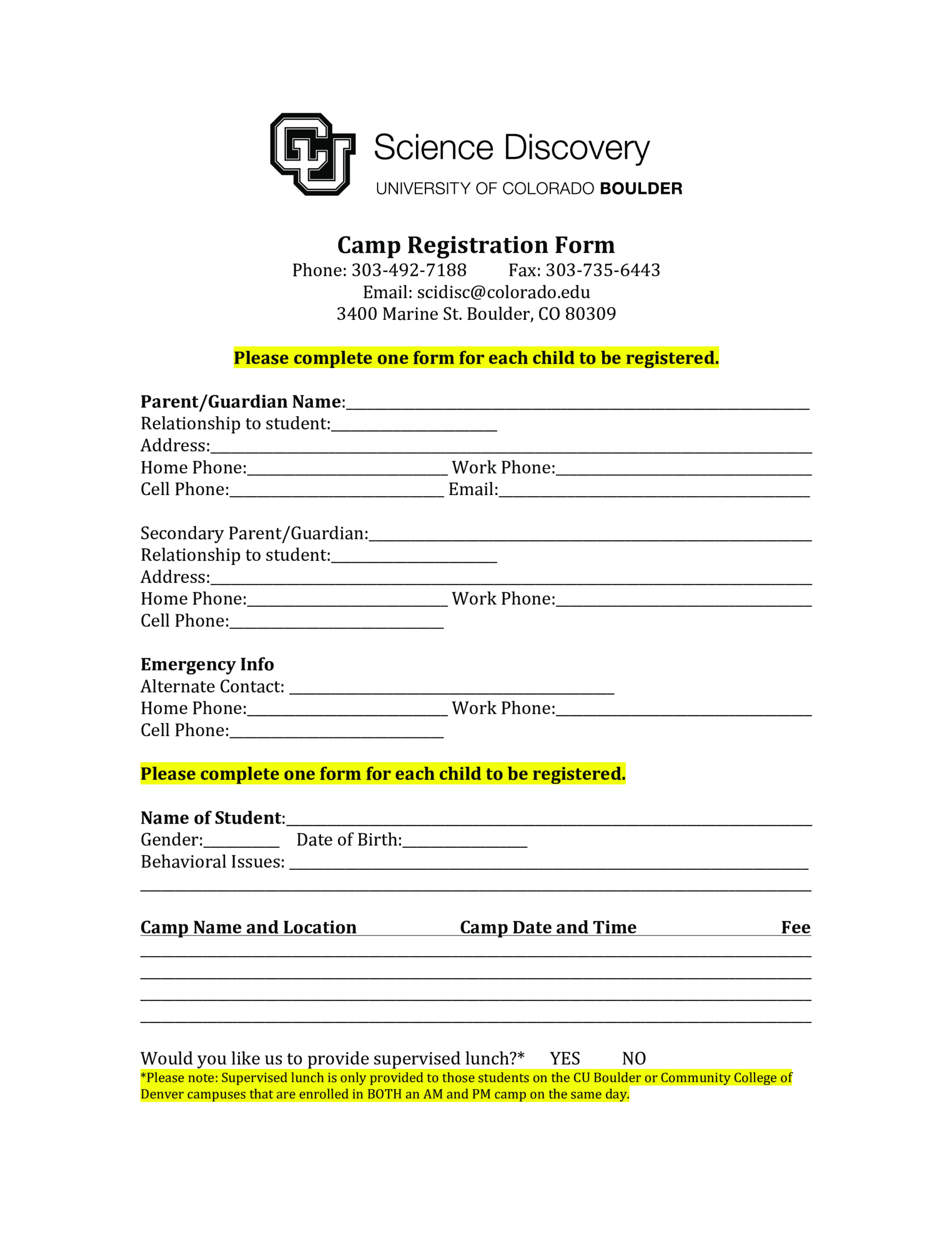 Printable Camp Registration Form | Templates At For Camp Registration Form Template