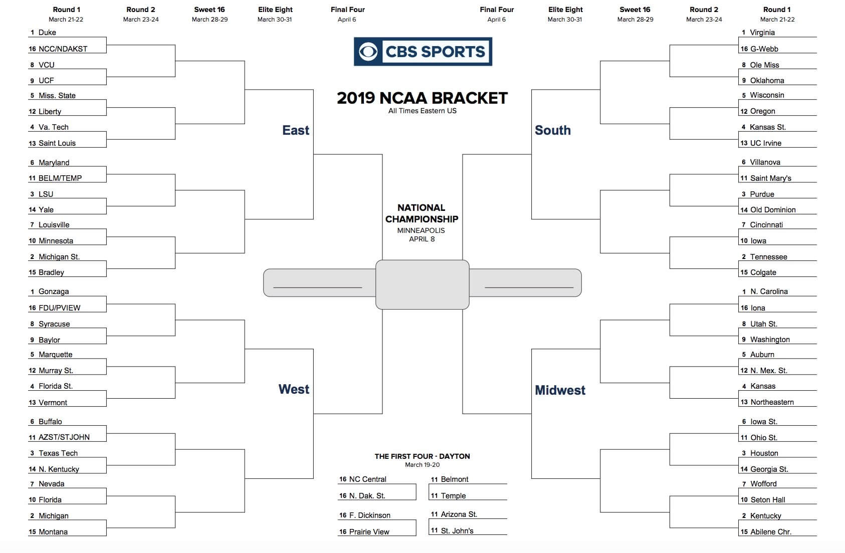 Printable Ncaa Tournament Bracket For March Madness 2019 Inside Blank Ncaa Bracket Template