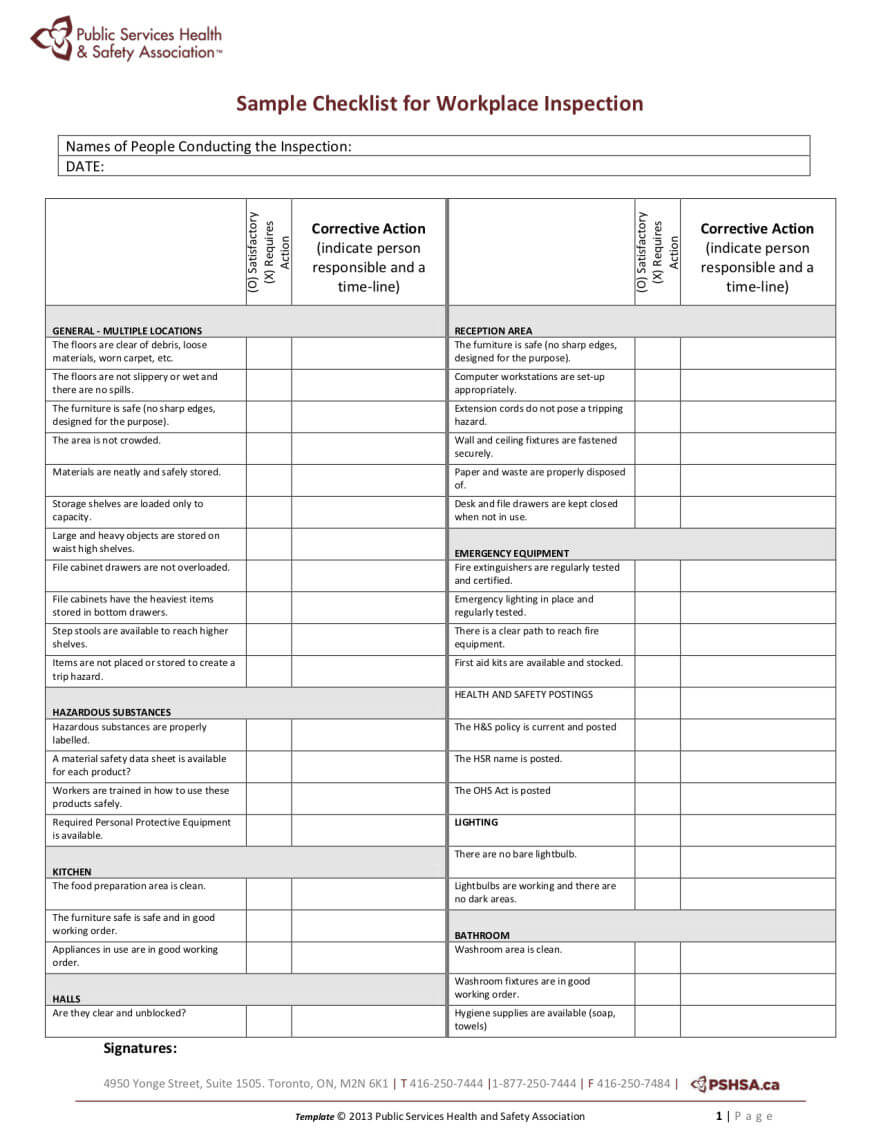 Pshsa | Sample Workplace Inspection Checklist Intended For Annual Health And Safety Report Template