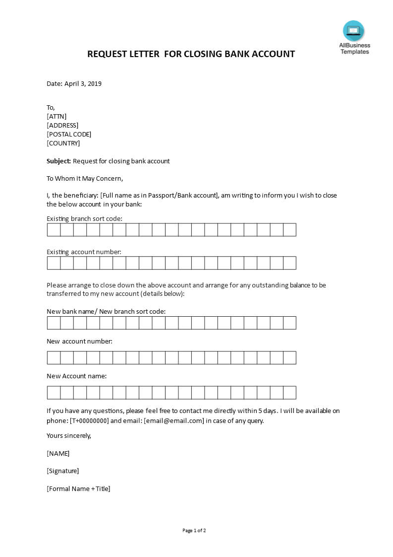 Request Letter For Closing Bank Account | Templates At With Account Closure Letter Template