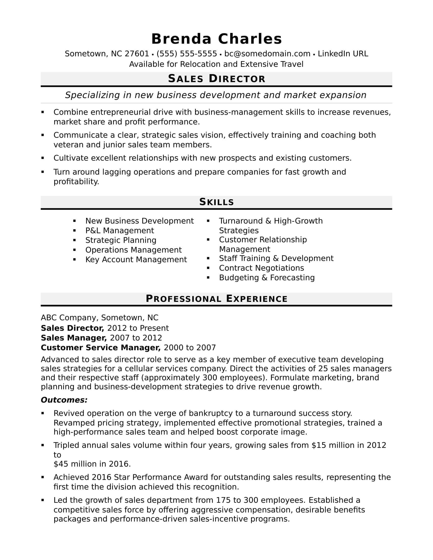 Sales Director Resume Sample | Monster Intended For Business Plan For Sales Manager Template