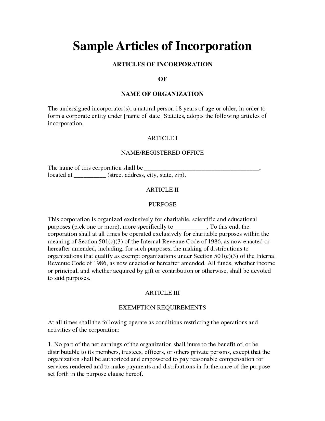 Sample Articles Of Incorporation Company Documents For With Articles Of Organization Template
