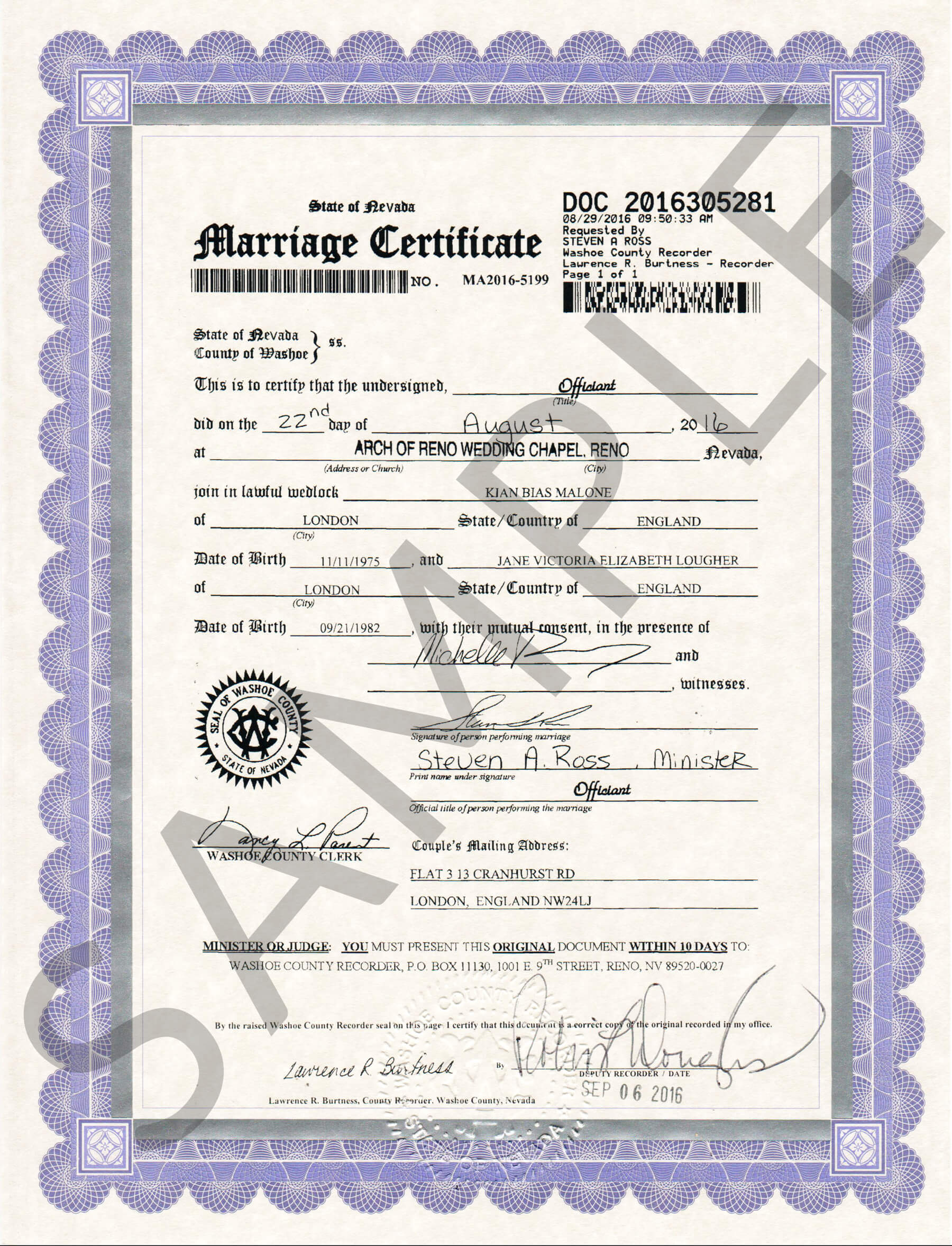 Sample Certificates | Nevada Document Retrieval Service With Regard To Certificate Of Marriage Template
