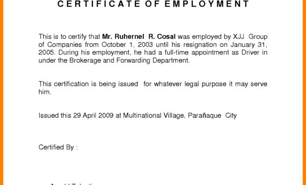 Sample For Certificate Of Employment - Tunu.redmini.co intended for Certificate Of Employment Template