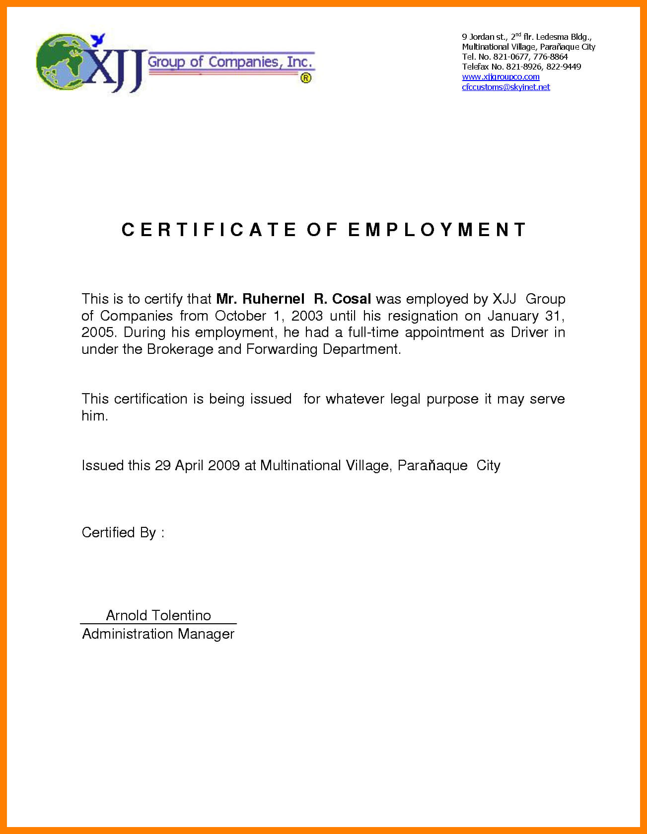 Sample For Certificate Of Employment – Tunu.redmini.co Intended For Certificate Of Employment Template