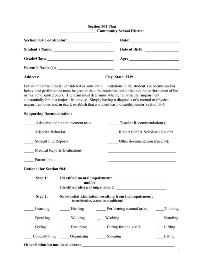 Section 504 Plan Template Pertaining To 504 Plan Template