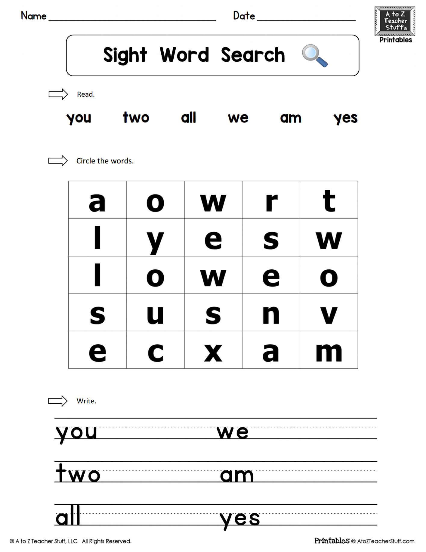 Sight Words Practice Word Search: You, Two, We, All, Am, Yes Pertaining To Blank Word Search Template Free