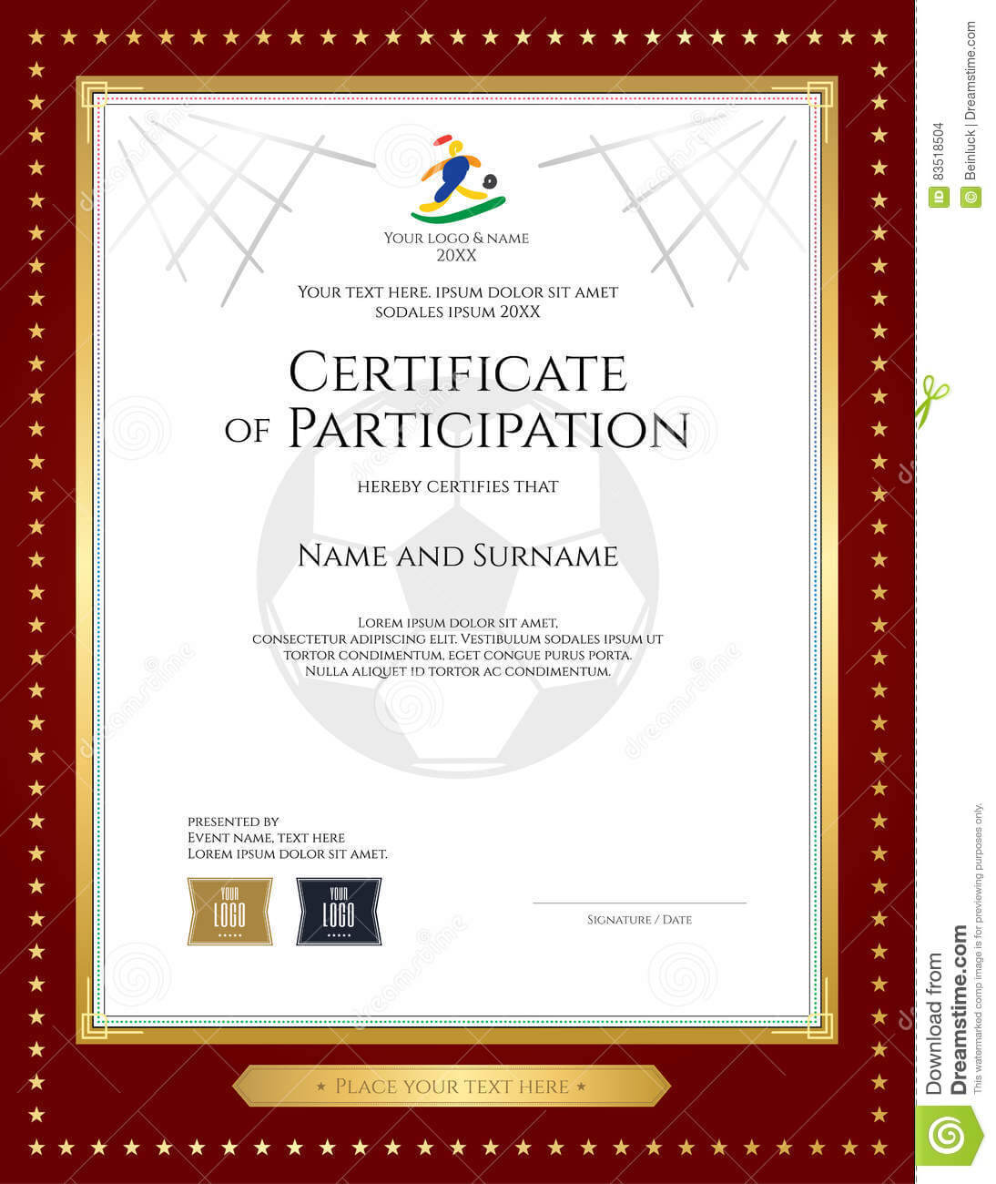 Sport Theme Certificate Of Participation Template Stock With Regard To Certification Of Participation Free Template