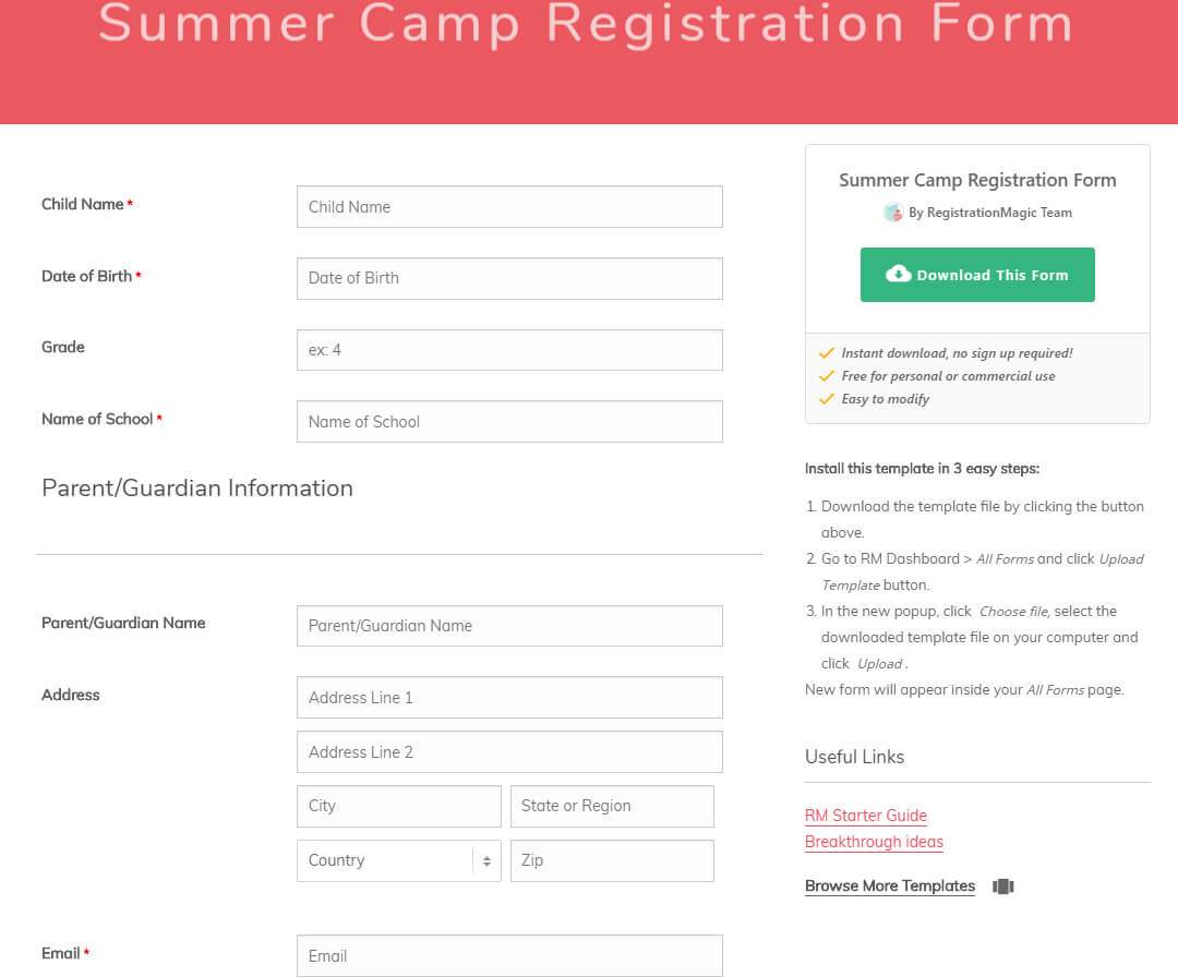 Summer Camp Registration Forms Template [Frequently Used Within Camp Registration Form Template