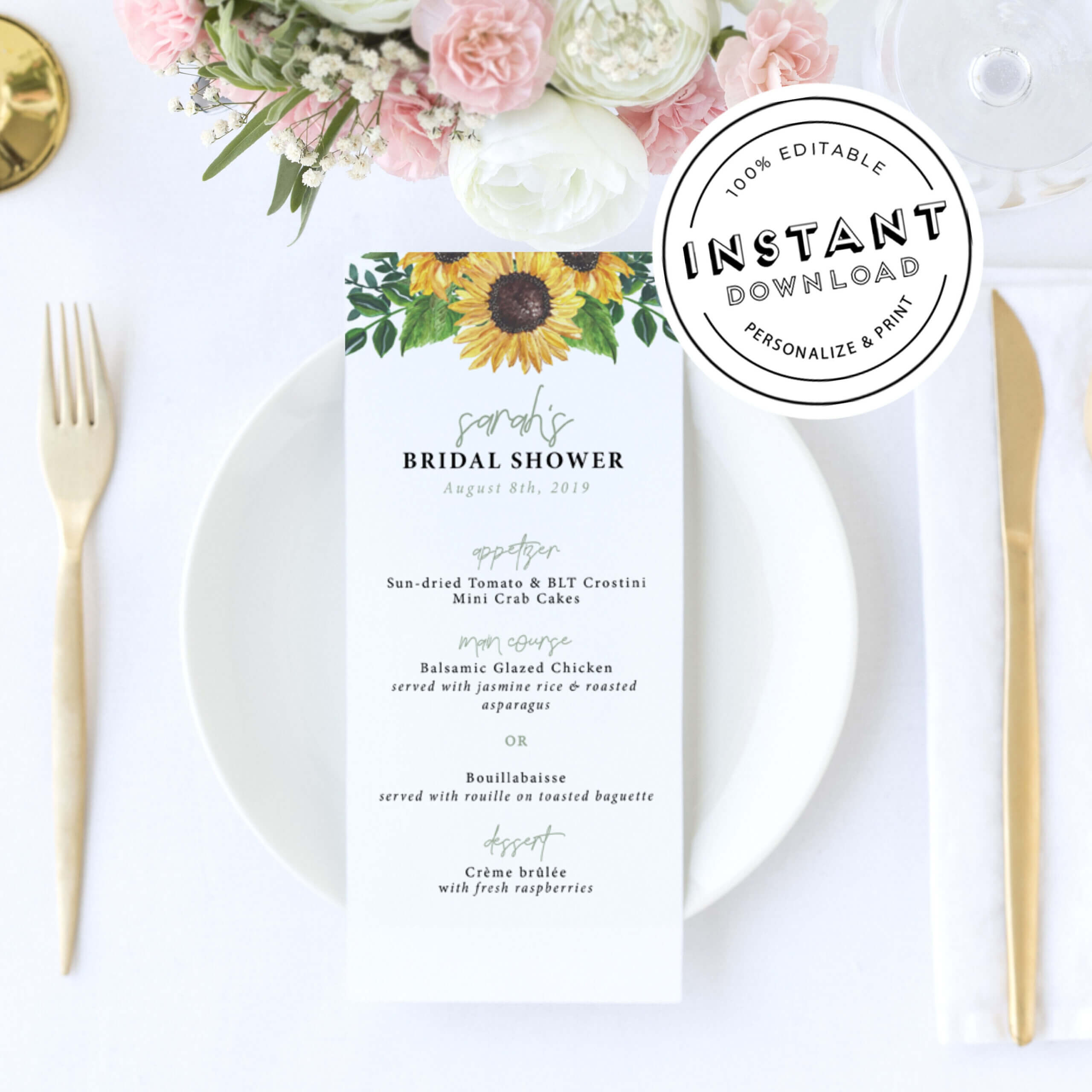 Sunflower Wedding Menu | Rustic Sun Flower Bridal Shower Menu | Menu  Template Diy Download | Wedding Menu | Bridal Shower Menu Editable For Bridal Shower Menu Template