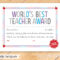 The Fine Porcupine — World's Best Teacher Award, Printable Regarding Best Teacher Certificate Templates Free