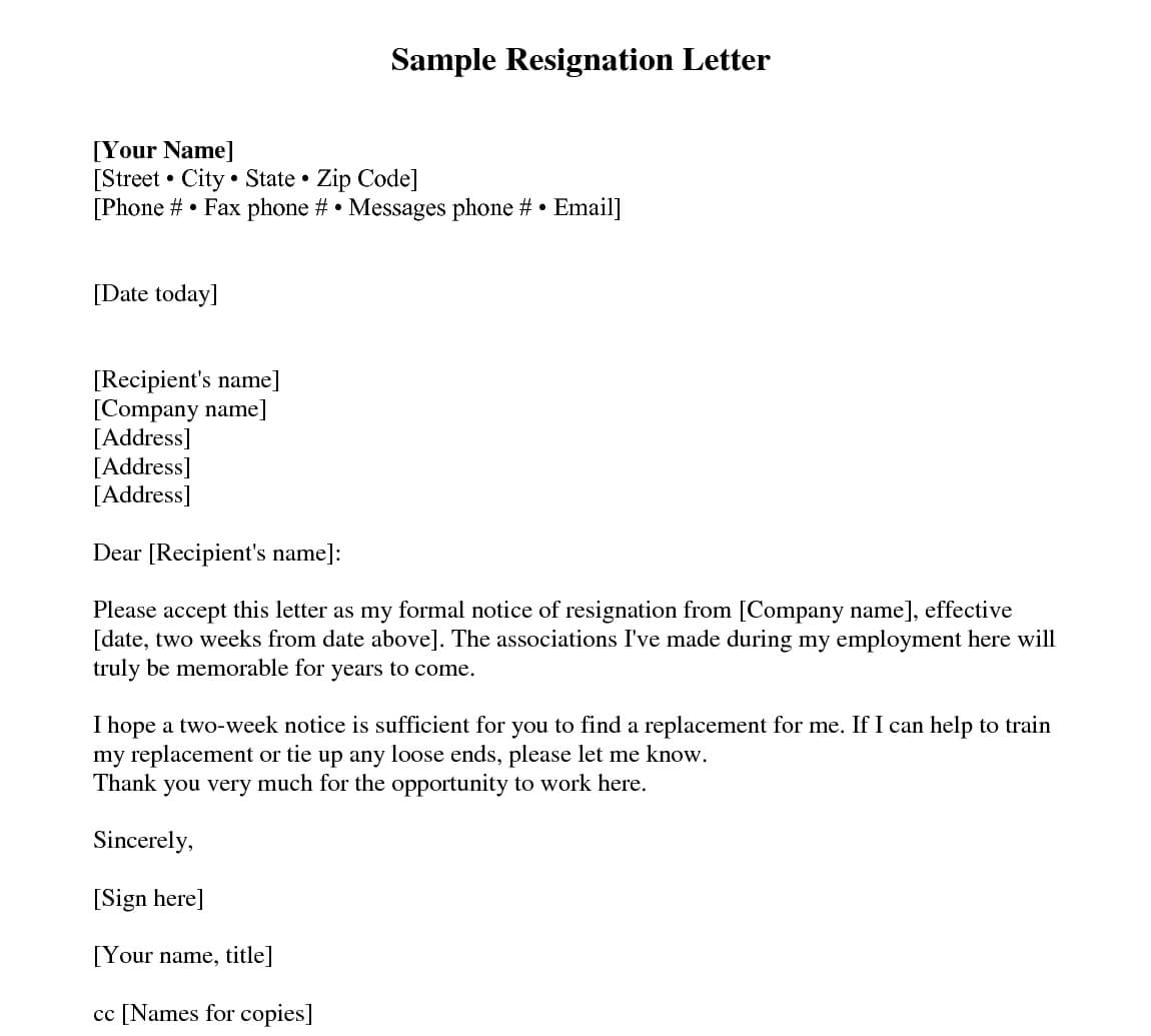 Two Weeks Notice Letter Sample Resignation 2 Ndash Every Within 2 Week Notice Letter Template