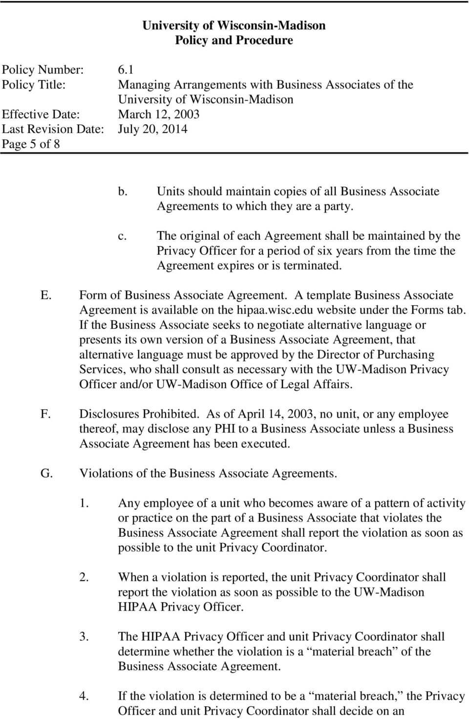 University Of Wisconsin Madison Policy And Procedure With Regard To Business Associate Agreement Hipaa Template