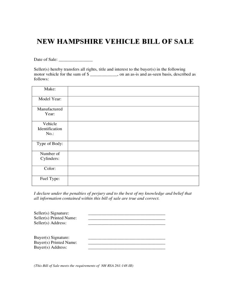 Vehicle Bill Of Sale Form – New Hampshire Free Download For Automobile Bill Of Sale Template